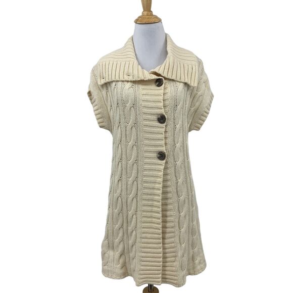 Eddie Bauer Cardigan Womens L Large Cream Merino Wool Blend Chunky Cable Knit - Picture 1 of 12